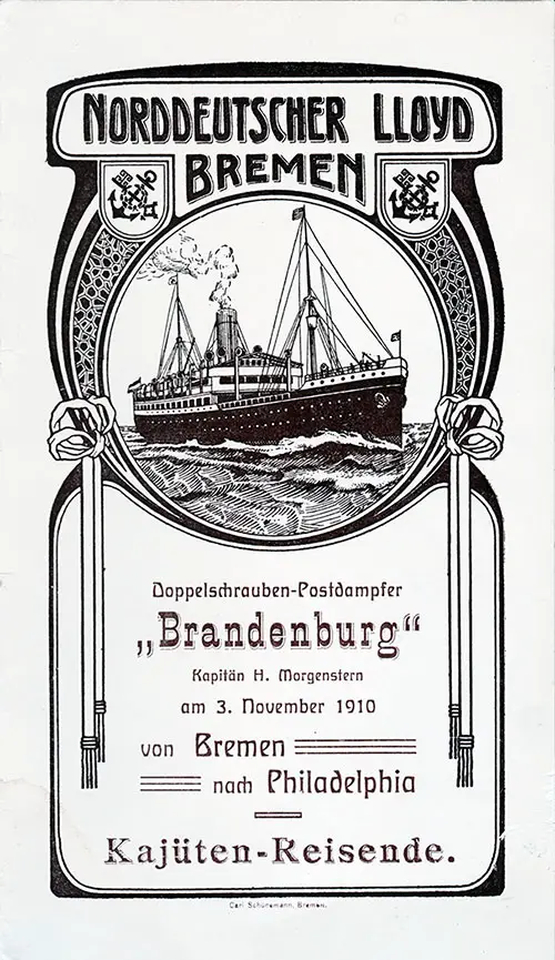 Front Cover of a Cabin Passenger List for the SS Brandenburg of the North German Lloyd, Departing 3 November 1910 from Bremen to Philadelphia