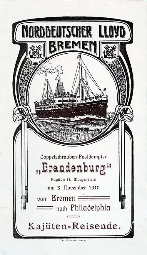 Front Cover of a Cabin Passenger List from the SS Brandenburg of the Norddeutscher Lloyd, Sailing from Bremen to Philadelphia on 3 November 1910.