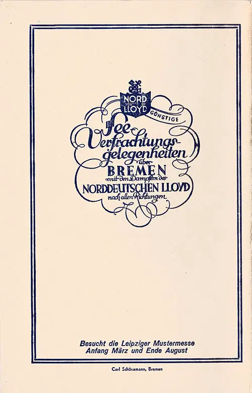 Back Cover, North German Lloyd SS Bremen Tourist and Third Class Passenger List - 4 September 1929.