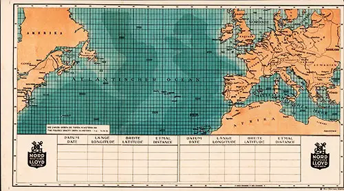 Unused Track Chart and Abstract of Log from a 3 October 1930 Passenger List of the SS Bremen.