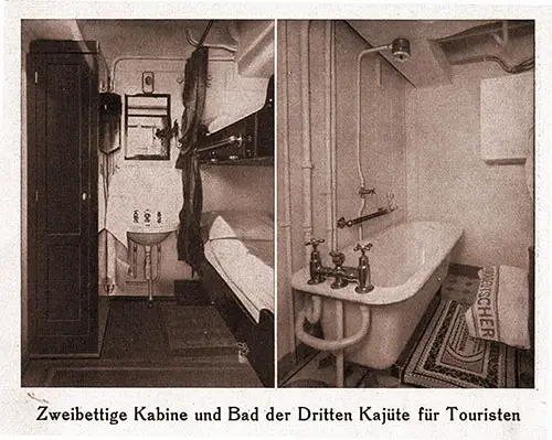 Tourist Third Cabin Twin Berth Cabin and Bath (Zweiteilige Kabine und Bad der Dritten Kajüte für Touristen).