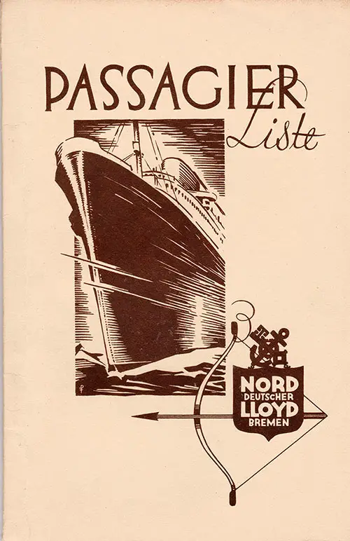 Front Cover of a Tourist Third Cabin and Third Class Passenger List from the SS Bremen of the North German Lloyd, Departing 27 August 1931 from Bremen to New York via Boulogne-sur-Mer and Southampton