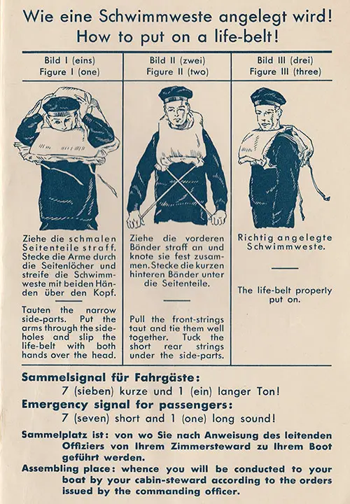 How to Put On a Life Belt. Norddeutsher Lloyd Bremen, 1935. In German and English.