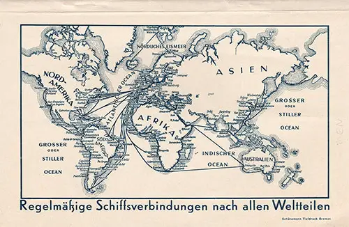 Route Map on the Back Cover of a Tourist Third Cabin and Third Class Passenger List from the SS Bremen of the Norddeutscher Lloyd dated 12 April 1935.