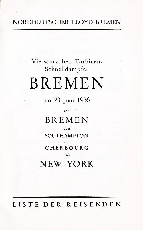 Title Page, SS Bremen Tourist and Third Class Passenger List, 23 June 1936.
