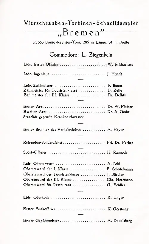 Senior Officers and Staff, SS Bremen Tourist and Third Class Passenger List, 23 June 1936.