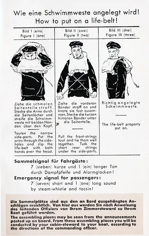 How to Put On a Life Belt. Norddeutsher Lloyd Bremen, 1936.