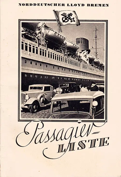 Front Cover of a Tourist Third Cabin and Third Class Passenger List from the SS Bremen of the North German Lloyd, Departing 9 July 1936 from Bremen to New York via Southampton and Cherbourg