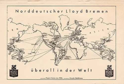 Global Track Chart - Steamship Routes, Norddeutcherr Lloyd Bremen (North German Lloyd), 1936.