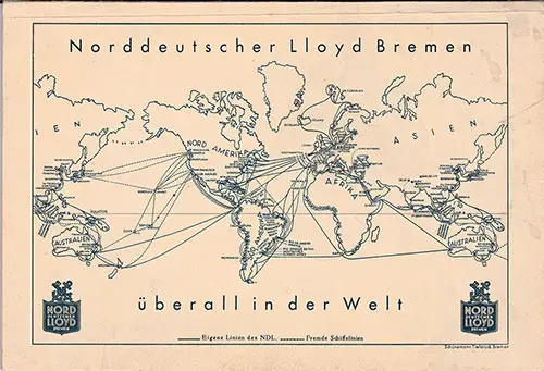 Route Map on the Back Cover, North German Lloyd SS Bremen Tourist Third Cabin and Third Class Passenger List - 14 August 1936.