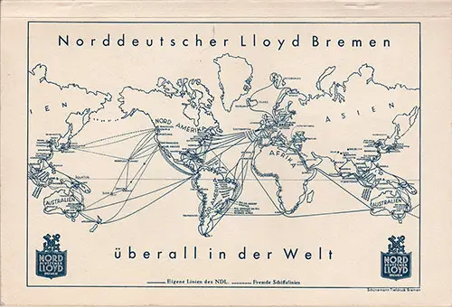 Route Map on the Back Cover, North German Lloyd SS Bremen Tourist Third Cabin and Third Class Passenger List - 29 August 1936.
