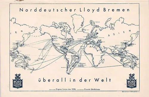 Route Map on the Back Cover, North German Lloyd SS Bremen Tourist Third Cabin and Third Class Passenger List - 2 June 1937.