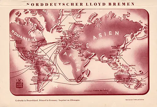 Route Map on the Back Cover, North German Lloyd SS Bremen Tourist Third Cabin and Third Class Passenger List - 27 July 1937.