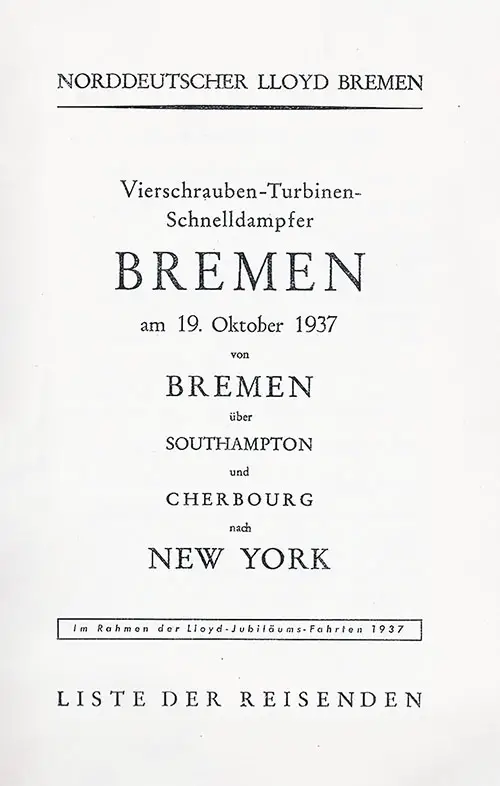 Title Page, SS Bremen Tourist and Third Class Passenger List, 19 October 1937.