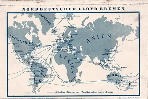 Route Map on the Back Cover, North German Lloyd SS Bremen Cabin, Tourist Third Cabin, and Third Class Passenger List - 22 October 1938.