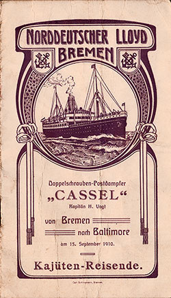 Front Cover 1910-09-15 SS Cassel Passenger List