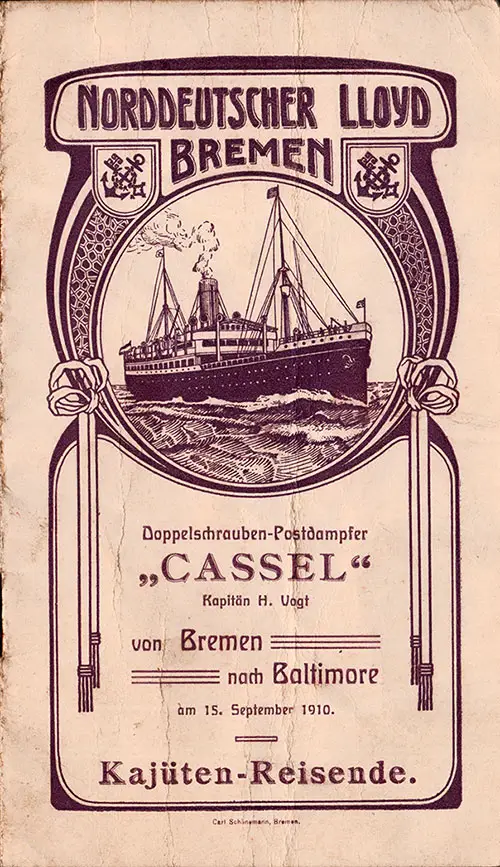 Front Cover of a Cabin Passenger List from the SS Cassel of the North German Lloyd, Departing Thursday, 15 September 1910 from Bremen to Baltimore
