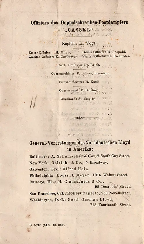 Senior Officers and Staff, Offices and Agencies. SS Cassel Passenger List, 15 September 1910.