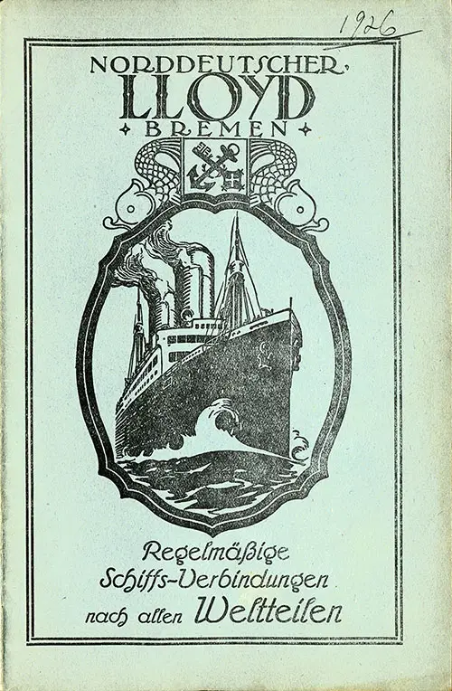 Front Cover of a Third Class Passenger List for the SS Columbus of the North German Lloyd, Departing Thursday, 8 April 1926 from Bremen to New York via Southampton and Cherbourg