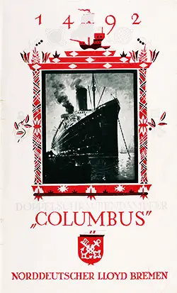 Front Cover of a First and Second Class Passenger List from the SS Columbus of the North German Lloyd, Departing 28 July 1928 from Bremen to New York via Southampton and Cherbourg