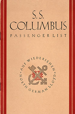 Front Cover of a Tourist Third Cabin and Third Class Passenger List from the SS Columbus of the North German Lloyd, Departing 3 July 1929 from New York to Bremen via Plymouth and Cherbourg