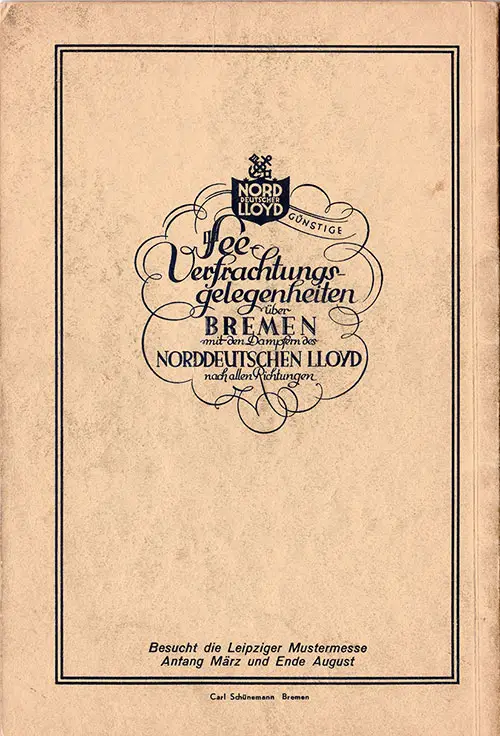 Back Cover, North German Lloyd SS Columbus Tourist Third Cabin and Third Class Passenger List - 29 September 1930.