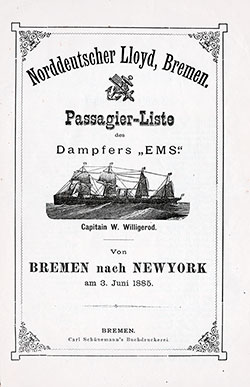 1885-06-03 Passenger Manifest for the SS Ems