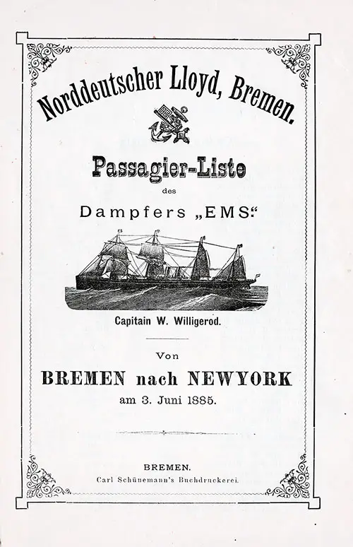 1885 Passenger List, Norddeutscher Lloyd Bremen Ems 1885