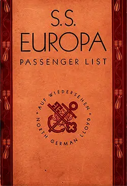 Front Cover, North German Lloyd SS Europa Third Class Passenger List - 5 July 1930.