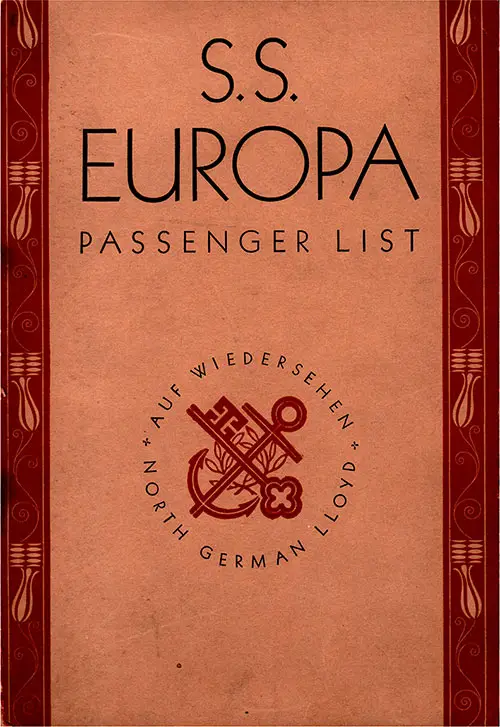 Front Cover, North German Lloyd SS Europa Third Class Passenger List - 5 July 1930.