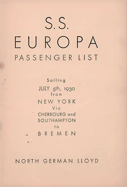 Title Page, SS Europa Third Class Passenger List, 5 July 1930.
