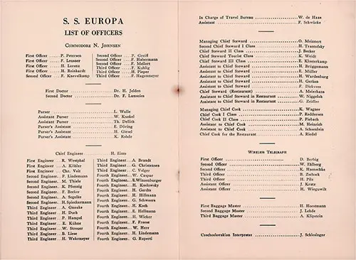 List of Officers and Staff, SS Europa Third Class Passenger List, 5 July 1930.