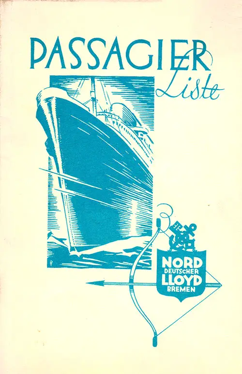 Front Cover of a Tourist Third Cabin and Third Class Passenger List from the SS Europa of the North German Lloyd, Departing 1 September 1932 from Bremen to New York via Southampton and Cherbourg