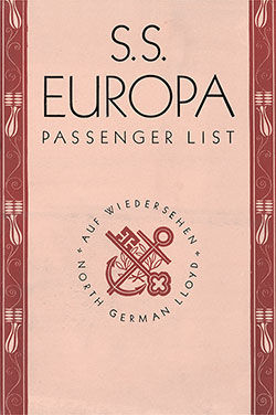 Front Cover, North German Lloyd SS Europa Tourist Class Passenger List - 25 July 1934.