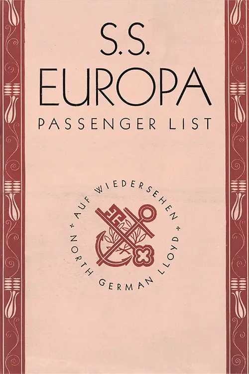 Front Cover, North German Lloyd SS Europa Tourist Class Passenger List - 25 July 1934.