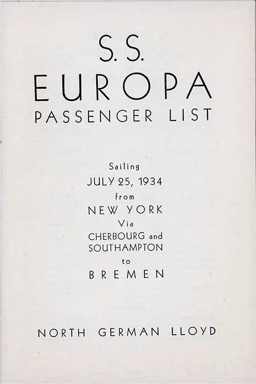 Title Page, SS Europa Tourist Class Passenger List, 25 July 1934.
