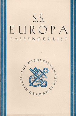 Front Cover of a Tourist Class Passenger List from the SS Europa of the North German Lloyd, Departing 20 May 1936 from New York to Bremen via Cherbourg and Southampton