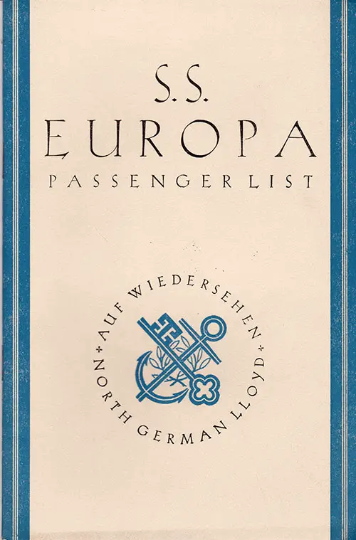 Front Cover of a Tourist Class Passenger List from the SS Europa of the North German Lloyd, Departing 20 May 1936 from New York to Bremen via Cherbourg and Southampton
