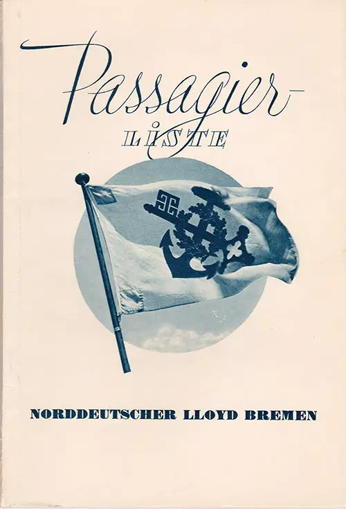 Front Cover of a Tourist Third Cabin and Third Class Passenger List from the SS Europa of the North German Lloyd, Departing 21 August 1936 from Bremen to New York via Southampton and Cherbourg