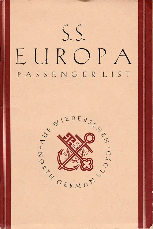 Front Cover of a Third Class Passenger List from the SS Europa of the North German Lloyd, Departing 19 June 1937 from New York to Bremen via Cherbourg and Southampton