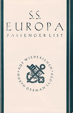 Front Cover, North German Lloyd SS Europa Tourist Class Passenger List - 7 July 1937.