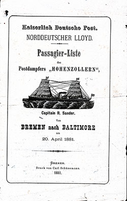 Front Cover, SS Hohenzollern Passenger List 20 April 1881