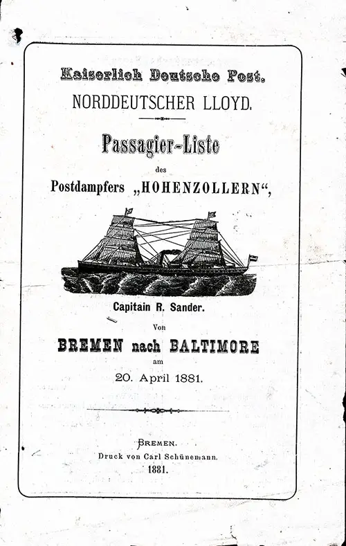 Front Cover of a Very Rare Steerage Passenger List from the SS Hohenzollern of the North German Lloyd, Departing 20 April 1881 from Bremen to Baltimore.