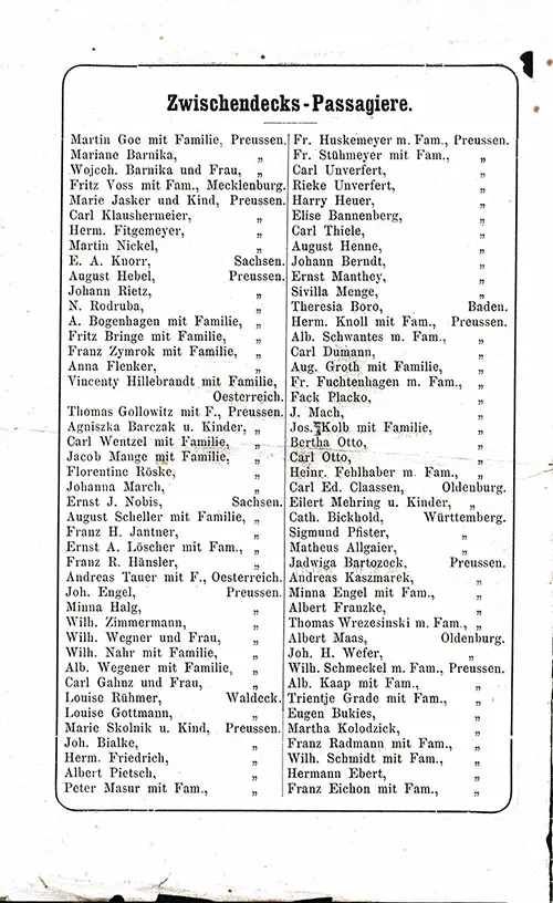 List of Passengers, Page 2, SS Hohenzollern Steerage Passenger List, 20 April 1881.