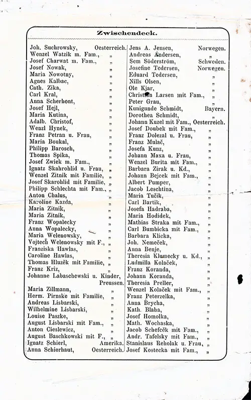 List of Passengers, Page 3, SS Hohenzollern Steerage Passenger List, 20 April 1881.