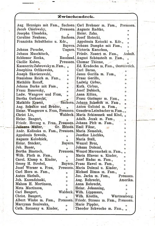 List of Passengers, Page 4, SS Hohenzollern Steerage Passenger List, 20 April 1881.