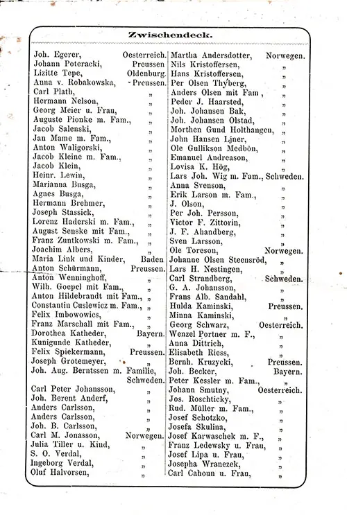 List of Passengers, Page 5, SS Hohenzollern Steerage Passenger List, 20 April 1881.