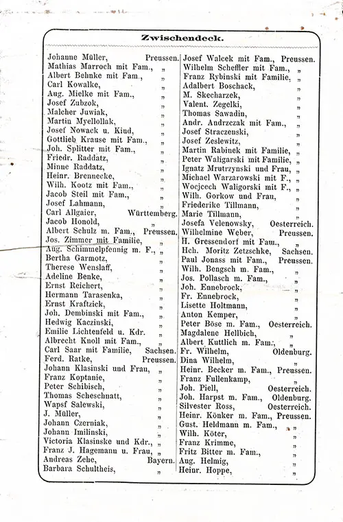 List of Passengers, Page 6, SS Hohenzollern Steerage Passenger List, 20 April 1881.
