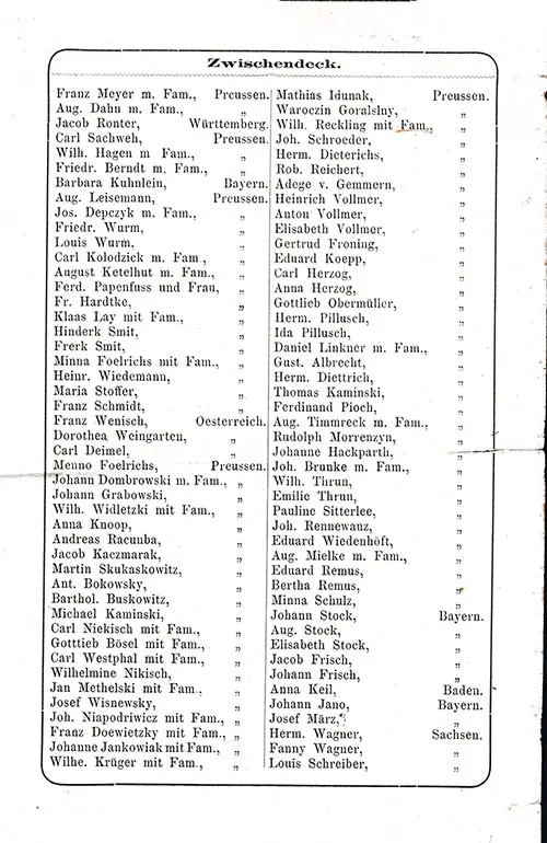 List of Passengers, Page 7, SS Hohenzollern Steerage Passenger List, 20 April 1881.