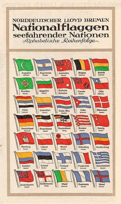 National Flags Included with the North German Lloyd SS Karlsruhe Cabin Class Passenger List - 26 July 1928 (In German).